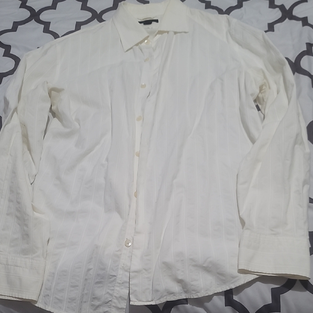 Men's Express White Striped Modern Fit Dress Shirt Size L
